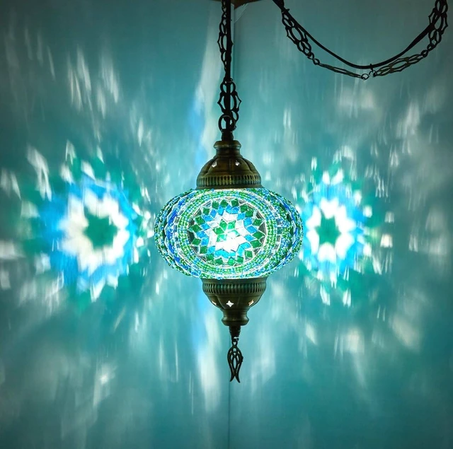 Alt view image 4 of 7 - DEMMEX Plug-in Turkish Moroccan Mosaic Hanging Pendant Ceiling Light Swag Lamp Fixture with 15ft Cord & Chain, Handcrafted Glass, Tiffany Style, Mediterranean Decor (Pink-Red)