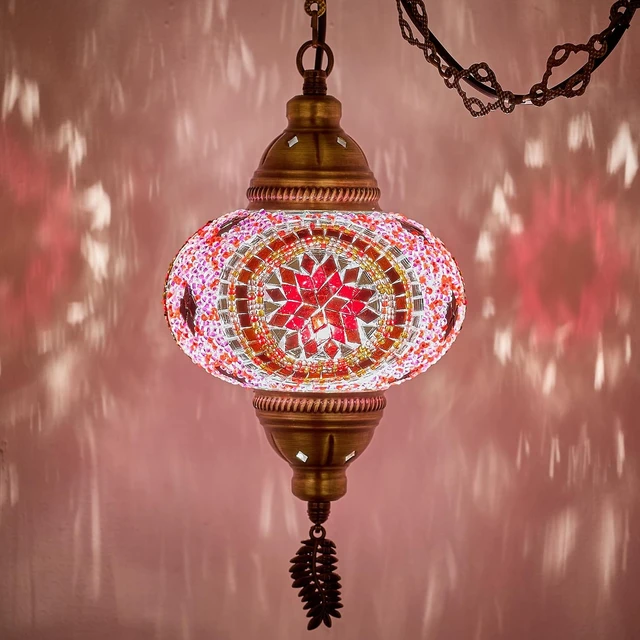 Alt view image 3 of 7 - DEMMEX Plug-in Turkish Moroccan Mosaic Hanging Pendant Ceiling Light Swag Lamp Fixture with 15ft Cord & Chain, Handcrafted Glass, Tiffany Style, Mediterranean Decor (Pink-Red)