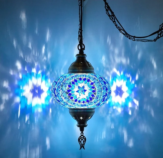 Alt view image 5 of 7 - DEMMEX Plug-in Turkish Moroccan Mosaic Hanging Pendant Ceiling Light Swag Lamp Fixture with 15ft Cord & Chain, Handcrafted Glass, Tiffany Style, Mediterranean Decor (Pink-Red)