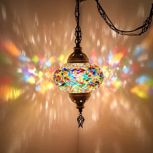 Alt view image 6 of 7 - DEMMEX Plug-in Turkish Moroccan Mosaic Hanging Pendant Ceiling Light Swag Lamp Fixture with 15ft Cord & Chain, Handcrafted Glass, Tiffany Style, Mediterranean Decor (Pink-Red)