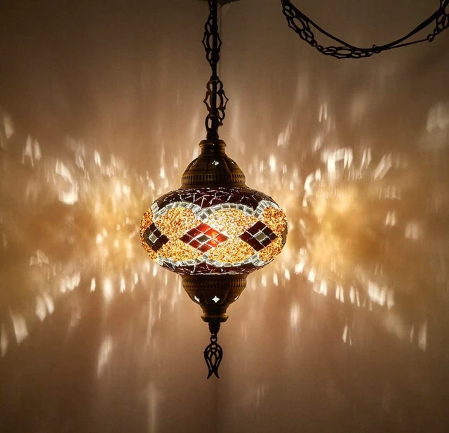 Alt view image 7 of 7 - DEMMEX Plug-in Turkish Moroccan Mosaic Hanging Pendant Ceiling Light Swag Lamp Fixture with 15ft Cord & Chain, Handcrafted Glass, Tiffany Style, Mediterranean Decor (Pink-Red)