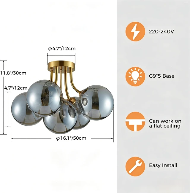 Alt view image 2 of 6 - Modern Bubble Ceiling Lighting Fixture, 5-Light Flush Mount Chandelier, Glass Globe Ball and Brass Canopy, W16 xH12, Flush Mount Ceiling Light for Living Room Bedroom Dining Room, G9 Socket