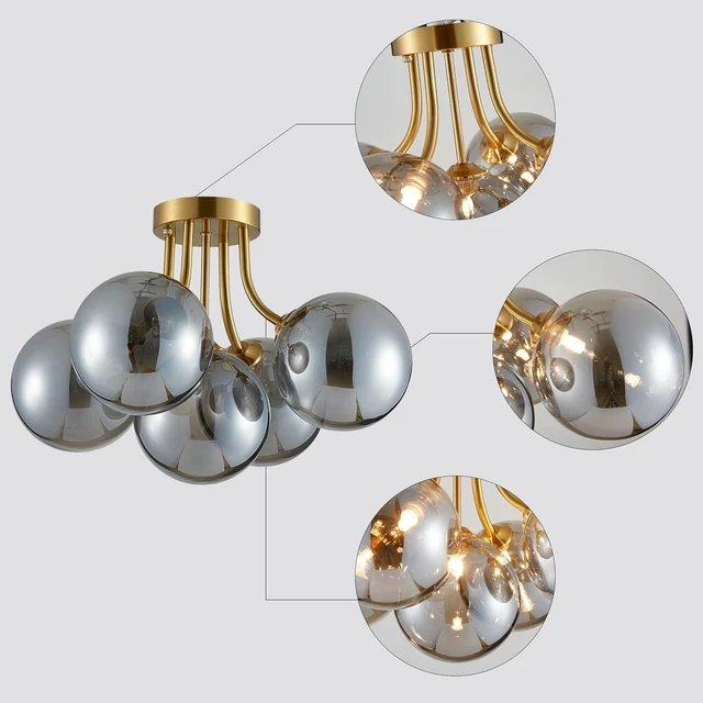 Alt view image 3 of 6 - Modern Bubble Ceiling Lighting Fixture, 5-Light Flush Mount Chandelier, Glass Globe Ball and Brass Canopy, W16 xH12, Flush Mount Ceiling Light for Living Room Bedroom Dining Room, G9 Socket