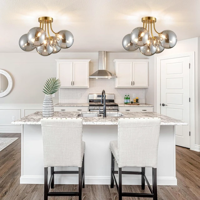 Alt view image 6 of 6 - Modern Bubble Ceiling Lighting Fixture, 5-Light Flush Mount Chandelier, Glass Globe Ball and Brass Canopy, W16 xH12, Flush Mount Ceiling Light for Living Room Bedroom Dining Room, G9 Socket