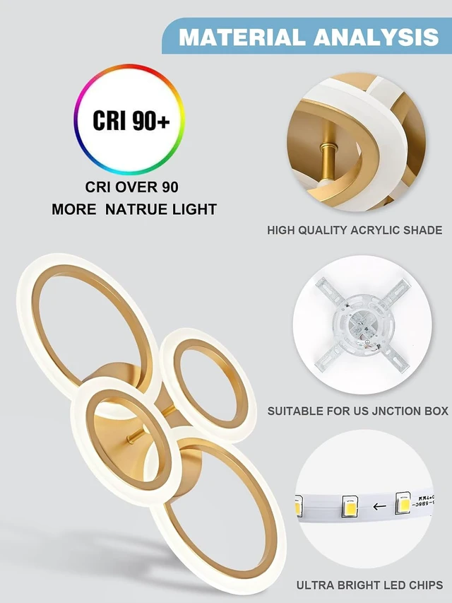 Alt view image 7 of 7 - Modern LED Flush Mount Ceiling Light, Gold, 4 Rings, Not Dimmable