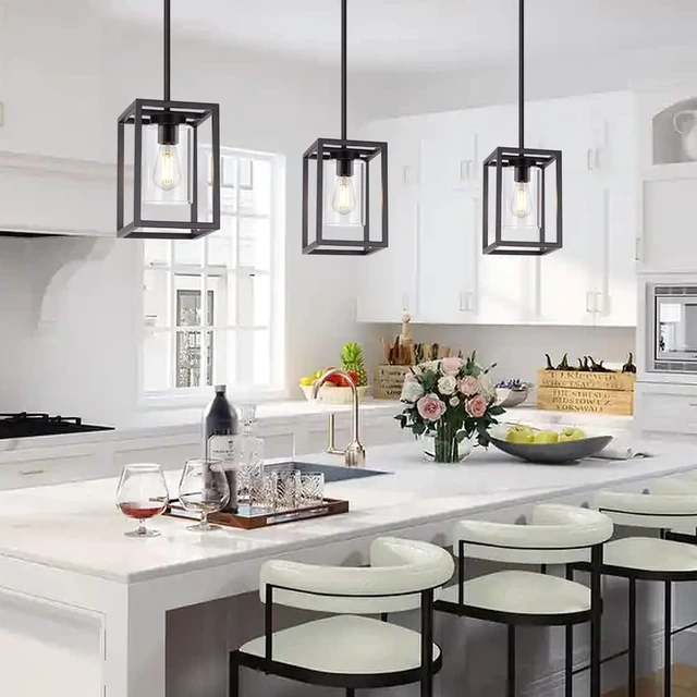 Alt view image 2 of 7 - 1 Light Farmhouse Pendant Lighting Black Cage Chandelier Glass Shade Contemporary Modern Kitchen Island Lights Fixtures Ceiling Hanging Dining Room Living Room