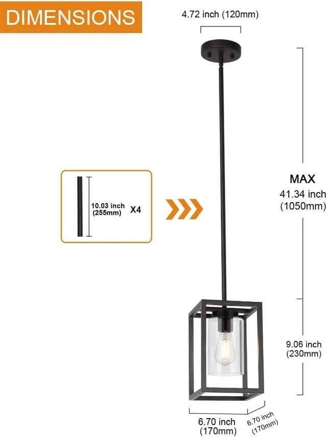 Alt view image 4 of 7 - 1 Light Farmhouse Pendant Lighting Black Cage Chandelier Glass Shade Contemporary Modern Kitchen Island Lights Fixtures Ceiling Hanging Dining Room Living Room