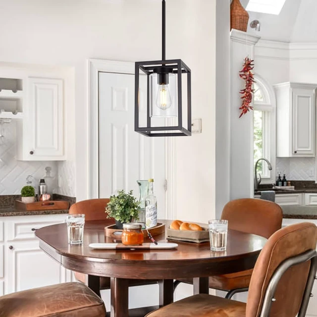 Alt view image 7 of 7 - 1 Light Farmhouse Pendant Lighting Black Cage Chandelier Glass Shade Contemporary Modern Kitchen Island Lights Fixtures Ceiling Hanging Dining Room Living Room