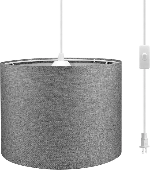 Main image of KUAUGST Plug in Pendant Light, 15 FT Hanging Lamp with Plug in Cord, On/Off Switch, Pendant Lighting with Fabric Shade, Hanging Light Fixture for Living Room, Bedroom, Dining Room, Kitchen (Gray)