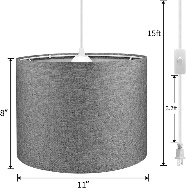 Alt view image 7 of 7 - KUAUGST Plug in Pendant Light, 15 FT Hanging Lamp with Plug in Cord, On/Off Switch, Pendant Lighting with Fabric Shade, Hanging Light Fixture for Living Room, Bedroom, Dining Room, Kitchen (Gray)