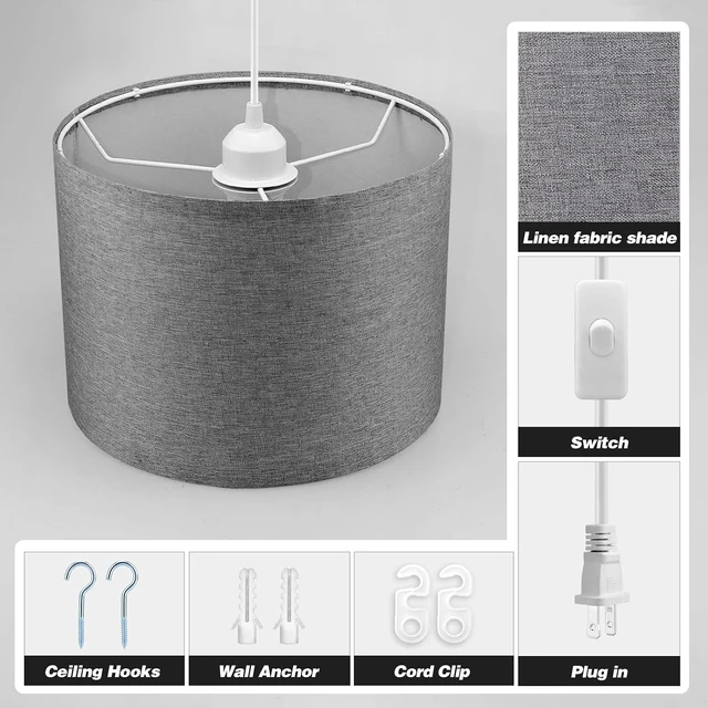 Alt view image 6 of 7 - KUAUGST Plug in Pendant Light, 15 FT Hanging Lamp with Plug in Cord, On/Off Switch, Pendant Lighting with Fabric Shade, Hanging Light Fixture for Living Room, Bedroom, Dining Room, Kitchen (Gray)