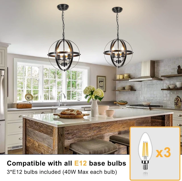Alt view image 3 of 7 - DLLT Vintage Pendant Hanging Light Fixtures, Flush Mount Ceiling Chandelier Lamp with Metal Spherical Shade for Kitchen, Dining Room, Living Room, Hallway, Entryway 3-Light, E12 Base-Matte Black