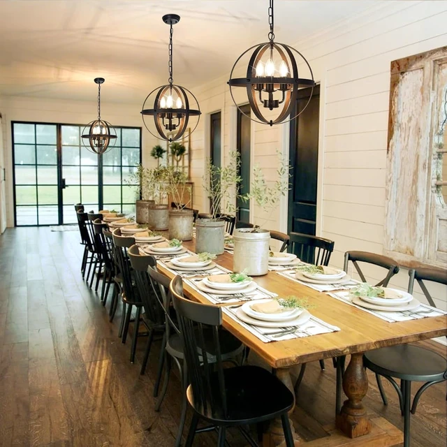 Alt view image 5 of 7 - DLLT Vintage Pendant Hanging Light Fixtures, Flush Mount Ceiling Chandelier Lamp with Metal Spherical Shade for Kitchen, Dining Room, Living Room, Hallway, Entryway 3-Light, E12 Base-Matte Black