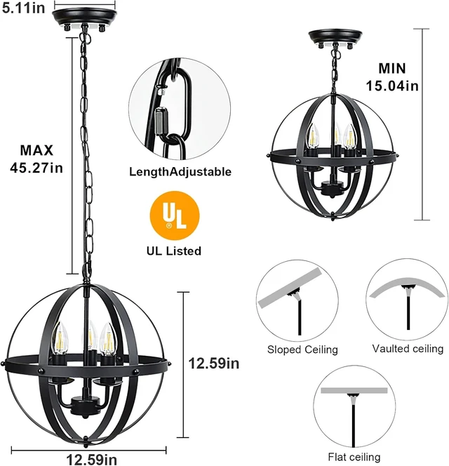 Alt view image 6 of 7 - DLLT Vintage Pendant Hanging Light Fixtures, Flush Mount Ceiling Chandelier Lamp with Metal Spherical Shade for Kitchen, Dining Room, Living Room, Hallway, Entryway 3-Light, E12 Base-Matte Black