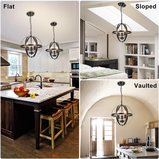 Alt view image 7 of 7 - DLLT Vintage Pendant Hanging Light Fixtures, Flush Mount Ceiling Chandelier Lamp with Metal Spherical Shade for Kitchen, Dining Room, Living Room, Hallway, Entryway 3-Light, E12 Base-Matte Black