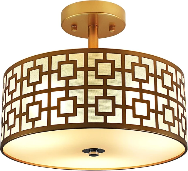 Main image of DLLT Flush Mount Ceiling Light: Modern 3-Light Semi Flush Mount Light Fixture - Drum Kitchen Lighting Fixture for Dining Room - Gold Bedroom Ceiling Lamp with Double Shade