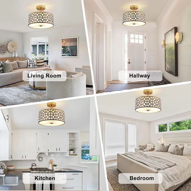 Alt view image 2 of 7 - DLLT Flush Mount Ceiling Light: Modern 3-Light Semi Flush Mount Light Fixture - Drum Kitchen Lighting Fixture for Dining Room - Gold Bedroom Ceiling Lamp with Double Shade