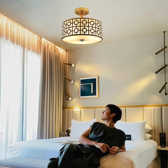 Alt view image 5 of 7 - DLLT Flush Mount Ceiling Light: Modern 3-Light Semi Flush Mount Light Fixture - Drum Kitchen Lighting Fixture for Dining Room - Gold Bedroom Ceiling Lamp with Double Shade
