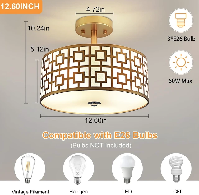 Alt view image 4 of 7 - DLLT Flush Mount Ceiling Light: Modern 3-Light Semi Flush Mount Light Fixture - Drum Kitchen Lighting Fixture for Dining Room - Gold Bedroom Ceiling Lamp with Double Shade