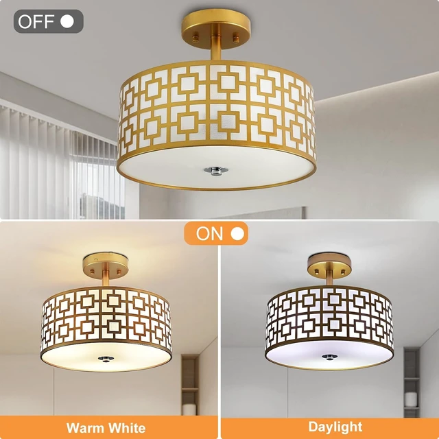 Alt view image 6 of 7 - DLLT Flush Mount Ceiling Light: Modern 3-Light Semi Flush Mount Light Fixture - Drum Kitchen Lighting Fixture for Dining Room - Gold Bedroom Ceiling Lamp with Double Shade