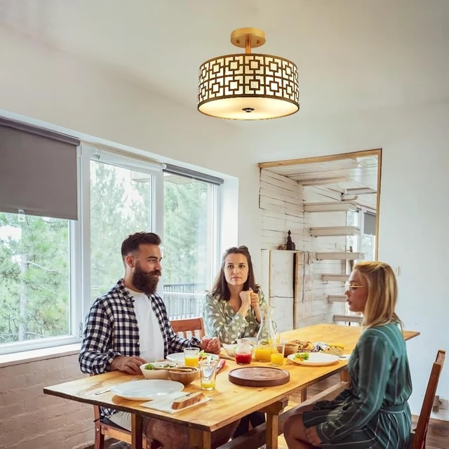 Alt view image 7 of 7 - DLLT Flush Mount Ceiling Light: Modern 3-Light Semi Flush Mount Light Fixture - Drum Kitchen Lighting Fixture for Dining Room - Gold Bedroom Ceiling Lamp with Double Shade