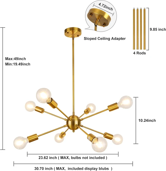 Alt view image 6 of 7 - LynPon Gold Sputnik Light Fixture, 8 Lights Plating Golden Chandelier, Modern Dining Room Ceiling Lights Brass Hanging Light Fixtures for Kitchen Living Room Bedroom Entryway Foyer