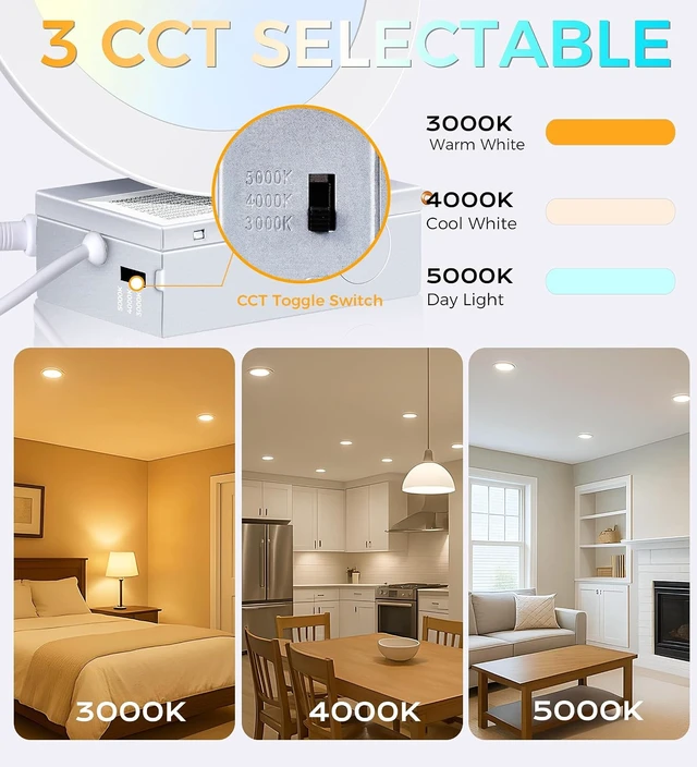Alt view image 3 of 7 - CLOUDY BAY 6 inch 3000K/ 4000K/ 5000K Selectable,Dimmable Recessed Lighting 15W CRI90+,Ultra Thin LED Recessed Light with Junction Box,IC Rated, Canless Wafer Downlight, Damp Location, White, 6 Pack