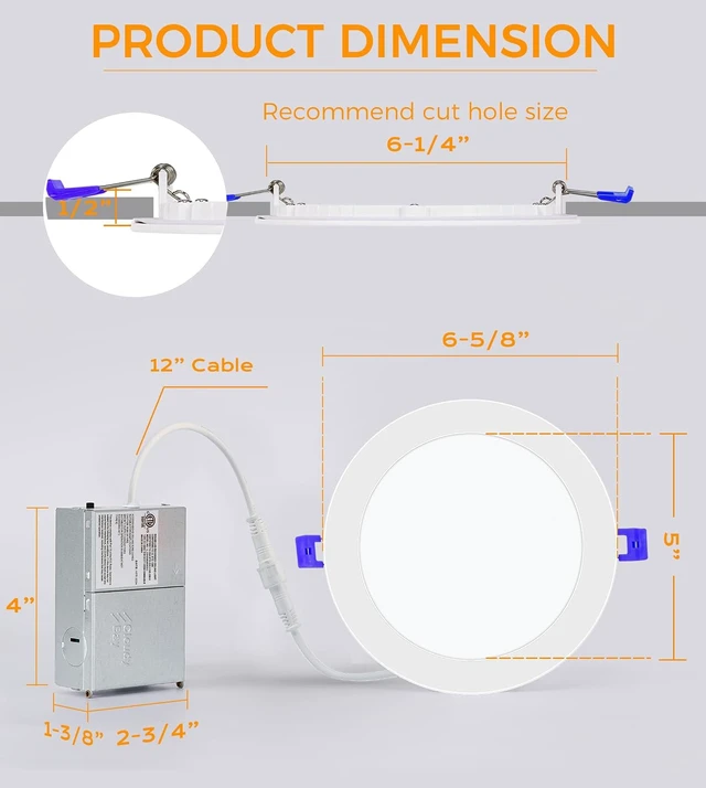 Alt view image 7 of 7 - CLOUDY BAY 6 inch 3000K/ 4000K/ 5000K Selectable,Dimmable Recessed Lighting 15W CRI90+,Ultra Thin LED Recessed Light with Junction Box,IC Rated, Canless Wafer Downlight, Damp Location, White, 6 Pack