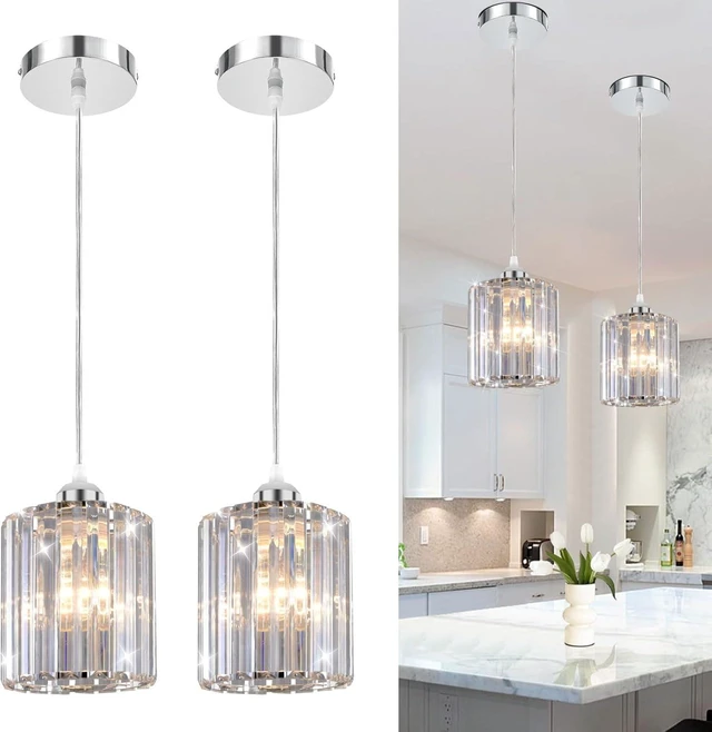 Main image of TISLYCO Crystal Pendant Lights - Kitchen Island Lighting, Mini Crystal Chandelier for Living Room, Dining Room, Hallway, Bar - 2 Pack - Silver