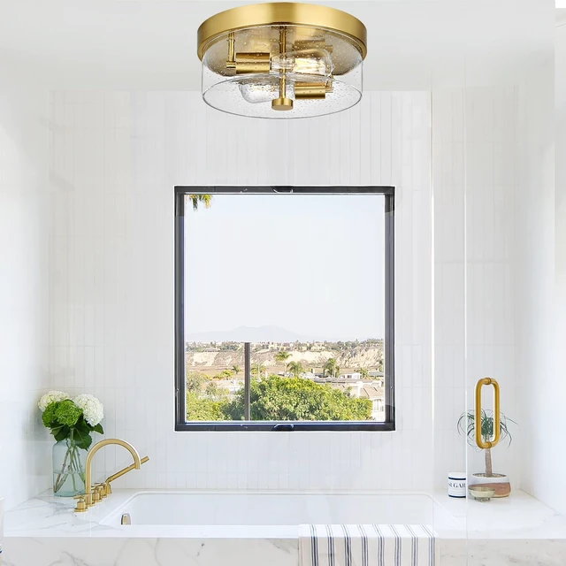 Alt view image 6 of 7 - Flush Mount Ceiling Light Fixtures, 2-Light Gold Ceiling Mount for Farmhouse with Seeded Glass Lampshade, Industrial Flush Mount Light Fixture Farmhouse for Hallway, Kitchen, Entryway and Foyer