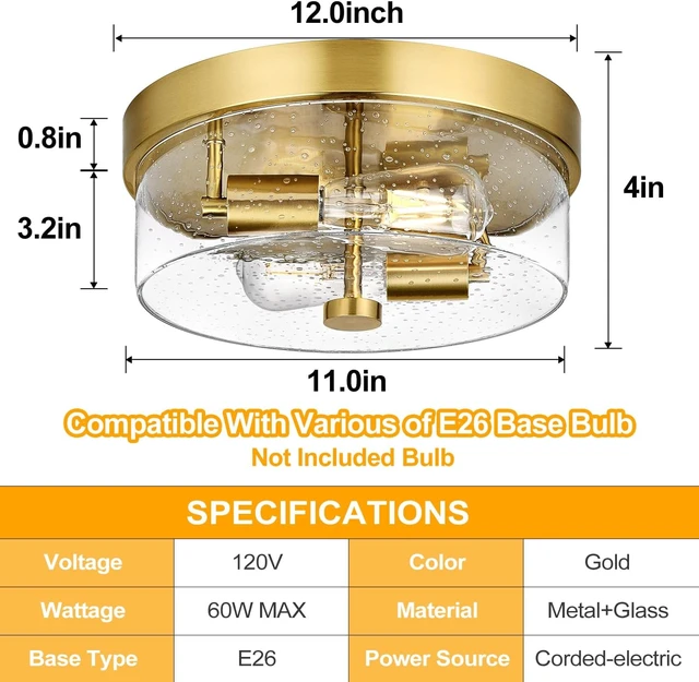 Alt view image 7 of 7 - Flush Mount Ceiling Light Fixtures, 2-Light Gold Ceiling Mount for Farmhouse with Seeded Glass Lampshade, Industrial Flush Mount Light Fixture Farmhouse for Hallway, Kitchen, Entryway and Foyer