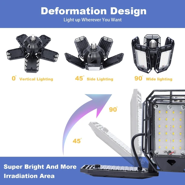 Alt view image 2 of 6 - Garage Lights Led, Deformable Design with Adjustable Panels,150W 15000LM 6500K E26/E27 Screw Base, Super Bright Shop Lighting, 2 Pack