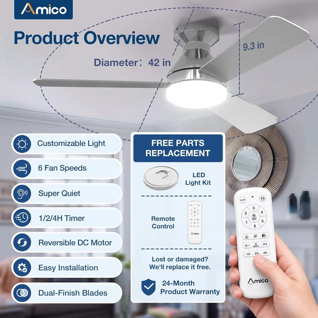 Alt view image 3 of 7 - Amico 42 Inch Nickel Low Profile Ceiling Fans with Lights and Remote