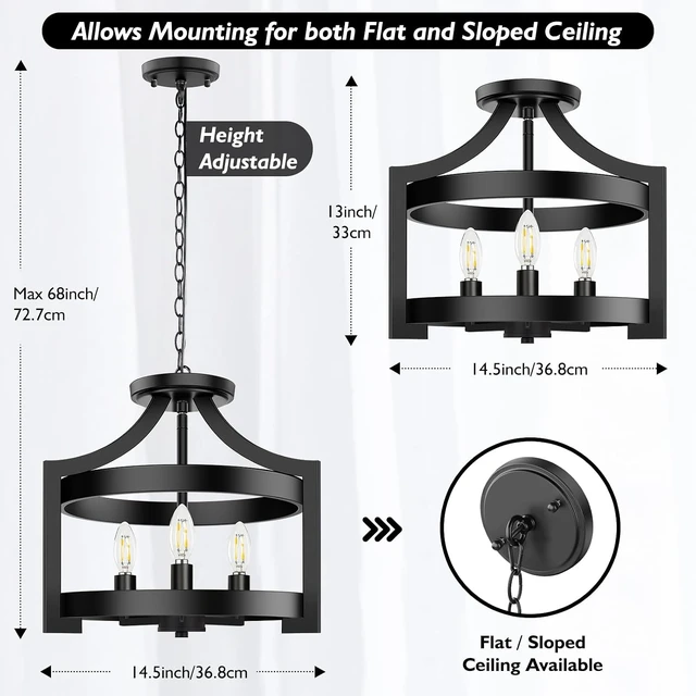 Alt view image 7 of 7 - BesLowe 3-Light Semi Flush Mount Ceiling Light, Convertible Pendant Light