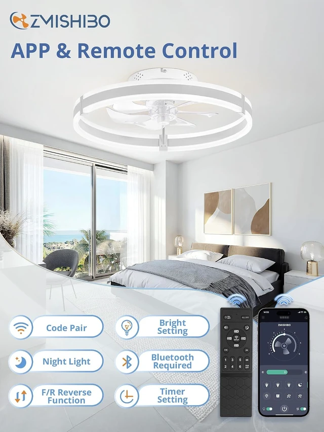 Alt view image 5 of 7 - ZMISHIBO Low Profile 19.7'' Ceiling Fans with Lights and Remote, White