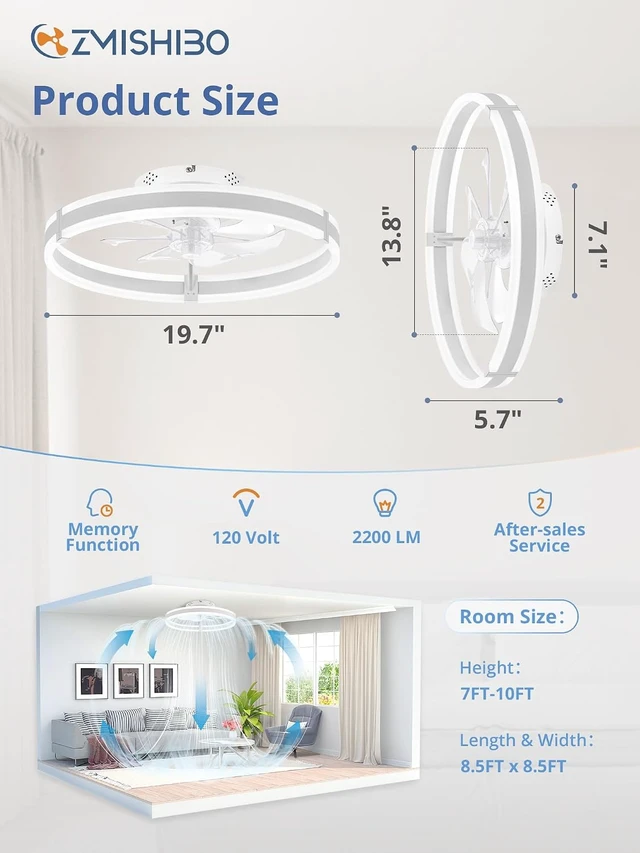 Alt view image 6 of 7 - ZMISHIBO Low Profile 19.7'' Ceiling Fans with Lights and Remote, White