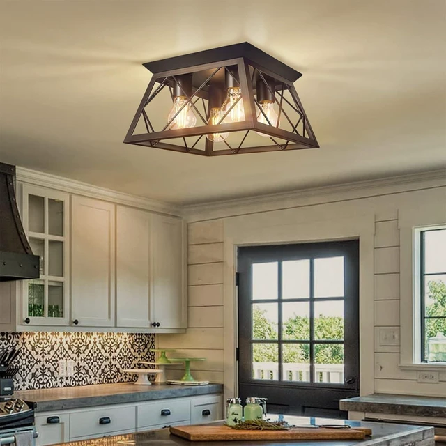 Main image of FadimiKoo Flush Mount Ceiling Light Fixtures for Kitchen Hallway, 4-Light Close to Ceiling Lighting, Industrial Farmhouse Square Cage Ceiling Lamp for Dining Room, Living Room, Bulb Not Included