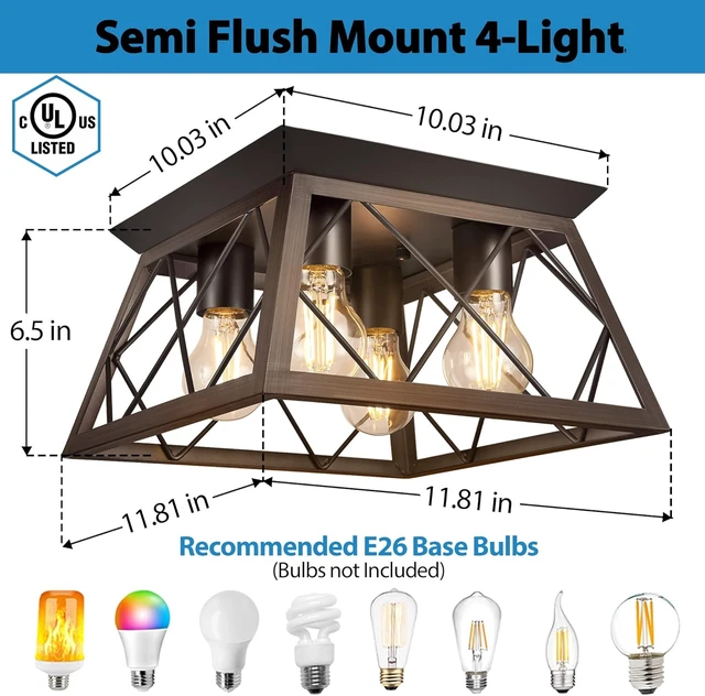 Alt view image 2 of 7 - FadimiKoo Flush Mount Ceiling Light Fixtures for Kitchen Hallway, 4-Light Close to Ceiling Lighting, Industrial Farmhouse Square Cage Ceiling Lamp for Dining Room, Living Room, Bulb Not Included