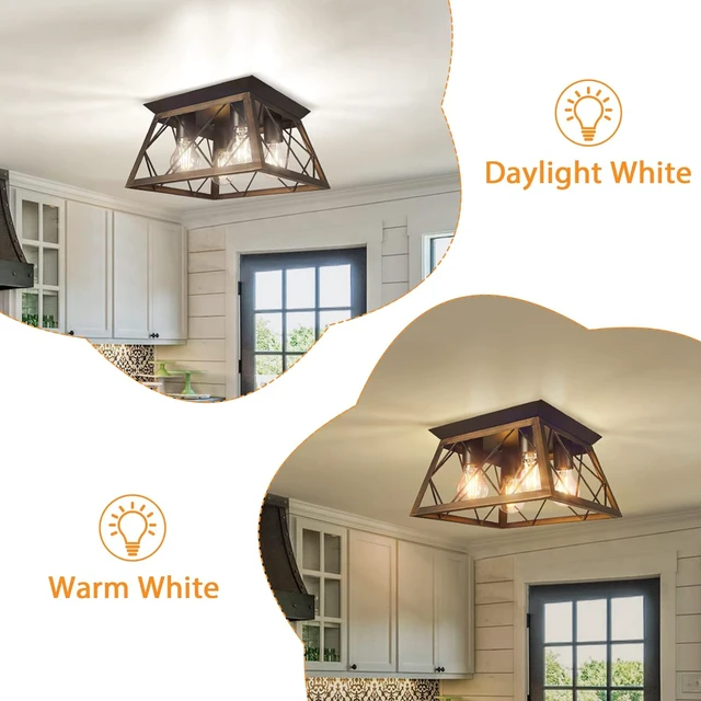 Alt view image 3 of 7 - FadimiKoo Flush Mount Ceiling Light Fixtures for Kitchen Hallway, 4-Light Close to Ceiling Lighting, Industrial Farmhouse Square Cage Ceiling Lamp for Dining Room, Living Room, Bulb Not Included
