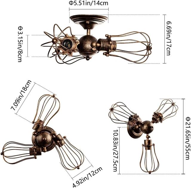 Alt view image 4 of 7 - Luling Vintage Ceiling Light Industrial, Adjustable Socket Metal Wire Cage Lamp Semi-Flush Mount Rustic Ceiling Light Metal Lamp Fixtures (No Bulb) (with 3 Light) (Bronze)