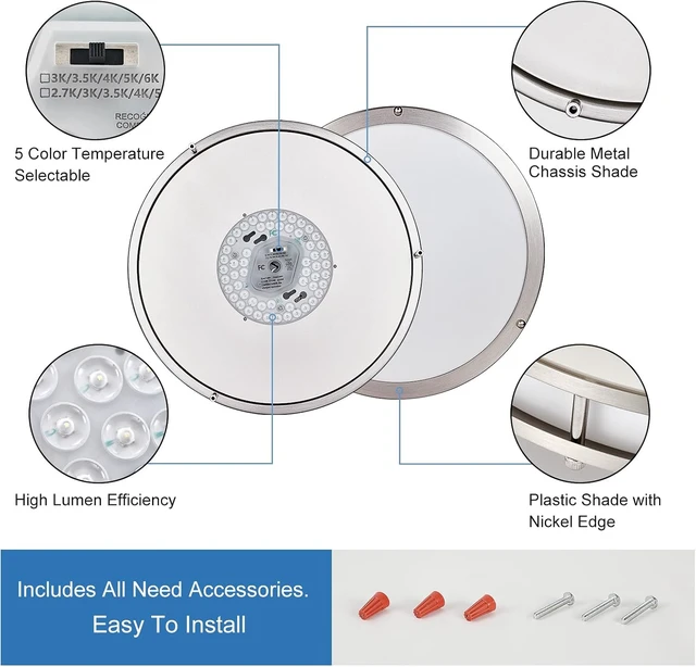 Alt view image 6 of 7 - DLLT Flush Mount LED Ceiling Light: 13 Inch 5CCT (3000K-6000K) & Dimmable Ceiling Light Fixtures for Bedroom Hallway - 24W Modern Brushed Nickel Super Bright Kitchen Lighting Fixtures Ceiling