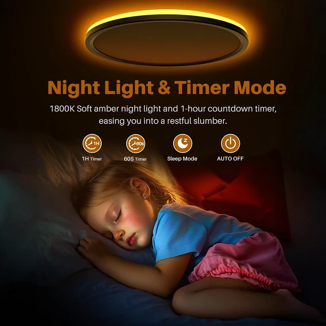 Alt view image 3 of 7 - AmazeFan 12Inch LED Flush Mount Ceiling Light with Remote Control, Dimmable Night Light 1800K 3000K/4000K/6500K 24W Low Profile Hardwiring Ceiling Lamp for Bedroom LivingRoom Kitchen Hallway-Black