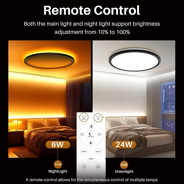 Alt view image 4 of 7 - AmazeFan 12Inch LED Flush Mount Ceiling Light with Remote Control, Dimmable Night Light 1800K 3000K/4000K/6500K 24W Low Profile Hardwiring Ceiling Lamp for Bedroom LivingRoom Kitchen Hallway-Black