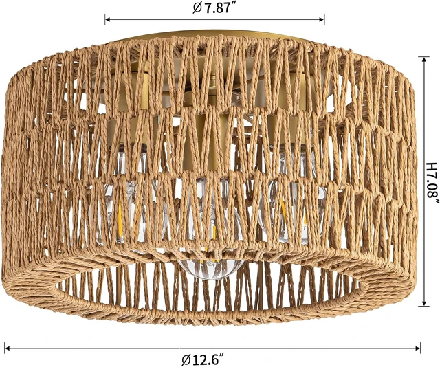 Alt view image 2 of 7 - Rpzloila 12.6 Rattan Ceiling Light, 3-Light Boho Light Fixture