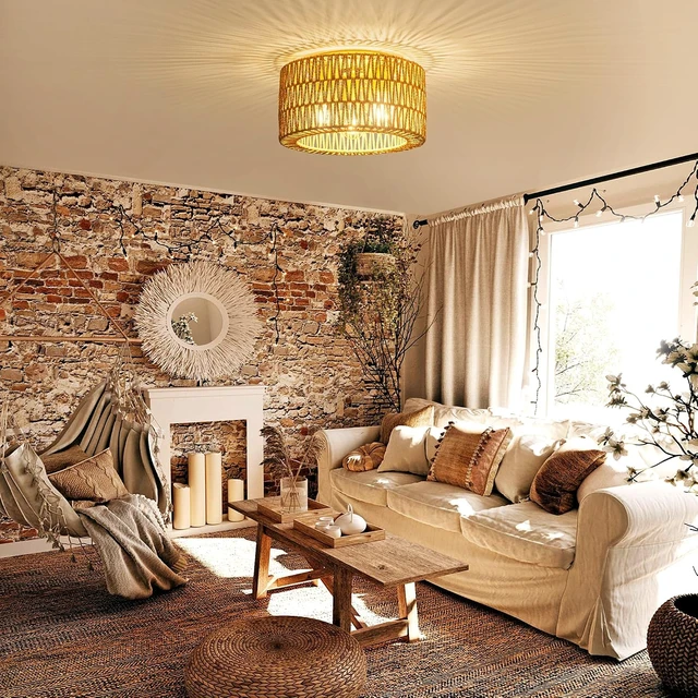 Alt view image 6 of 7 - Rpzloila 12.6 Rattan Ceiling Light, 3-Light Boho Light Fixture