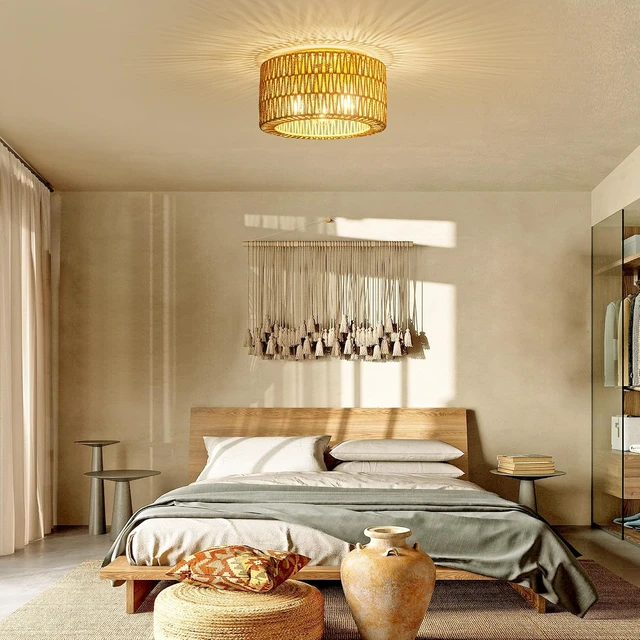 Alt view image 7 of 7 - Rpzloila 12.6 Rattan Ceiling Light, 3-Light Boho Light Fixture