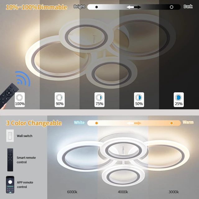 Alt view image 4 of 7 - Shine LUEST 34W LED Ceiling Light with Remote, 3000-6000K Dimmable Modern Flush Mount Ceiling Lighting Fixture White 4 Rings Round Chandelier Ceiling Lamp for Small Room, Bedroom
