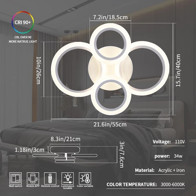 Alt view image 5 of 7 - Shine LUEST 34W LED Ceiling Light with Remote, 3000-6000K Dimmable Modern Flush Mount Ceiling Lighting Fixture White 4 Rings Round Chandelier Ceiling Lamp for Small Room, Bedroom
