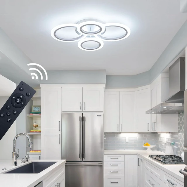 Alt view image 6 of 7 - Shine LUEST 34W LED Ceiling Light with Remote, 3000-6000K Dimmable Modern Flush Mount Ceiling Lighting Fixture White 4 Rings Round Chandelier Ceiling Lamp for Small Room, Bedroom