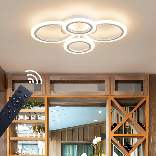 Alt view image 7 of 7 - Shine LUEST 34W LED Ceiling Light with Remote, 3000-6000K Dimmable Modern Flush Mount Ceiling Lighting Fixture White 4 Rings Round Chandelier Ceiling Lamp for Small Room, Bedroom